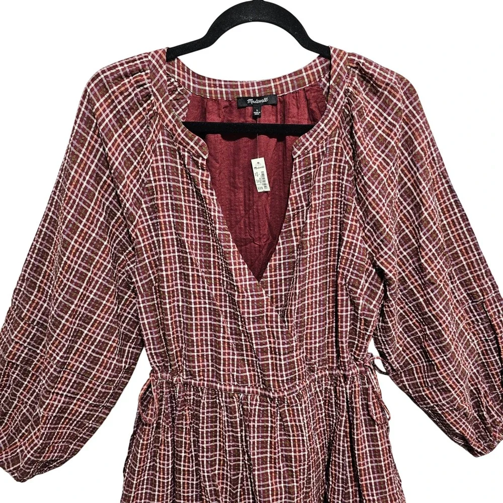 Madewell Seersucker Wrap Mini Dress Dark Red Tartan Merlot Size‎ Large NWT
